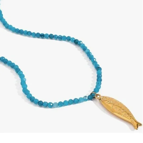 Fish Pendant + Blue Beaded Necklace Gold Fish Necklace WATERPROOF Jewelry PRETTY - Picture 7 of 11